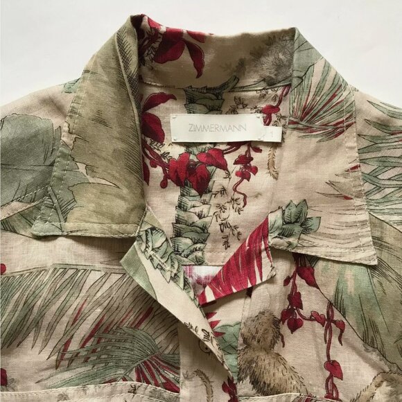 Zimmermann Aliane Floral Romper Womens 1 Small Green Short Sleeve Linen Belted - Picture 7 of 13